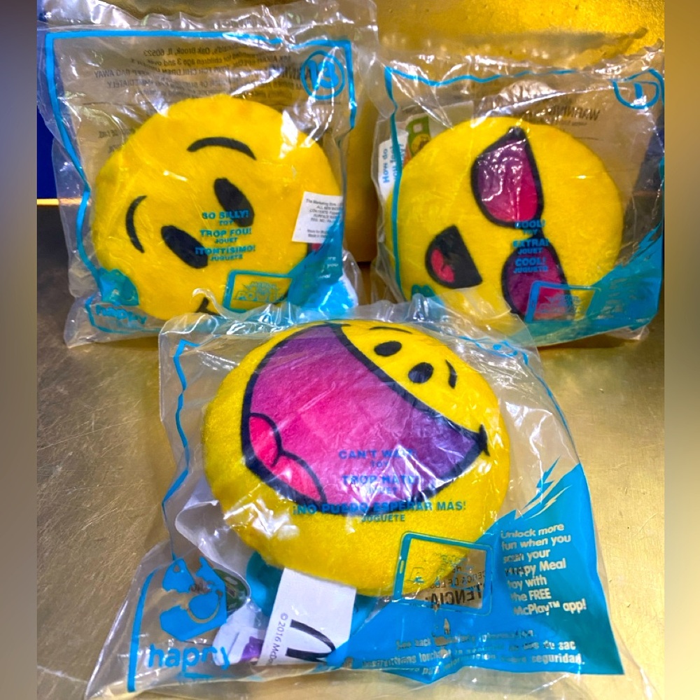 McDonalds 2016 Yellow Emoji Plush Toys Set of 3 #1 #9 #13 Sealed Packages